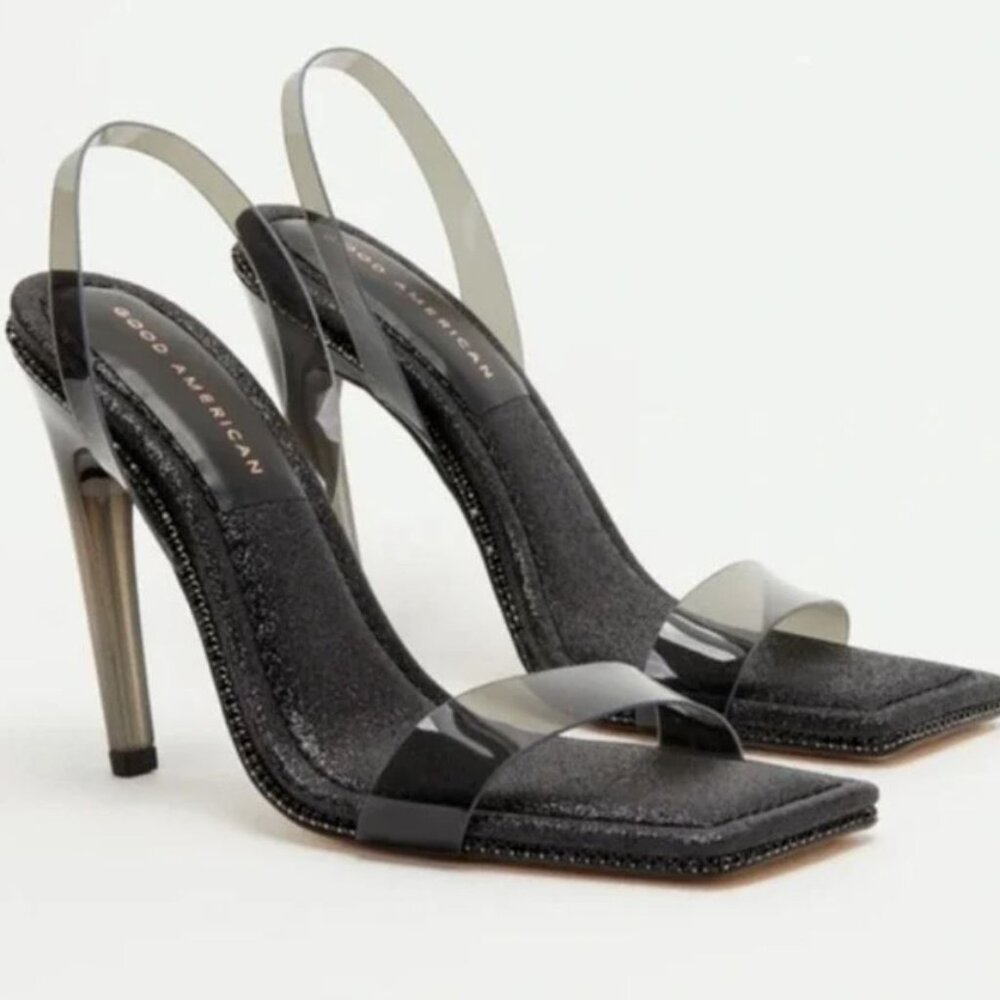 GOOD AMERICAN Black Crystal Crush Lucite Sandal Size 8.5 Black Glitter New - Picture 2 of 11